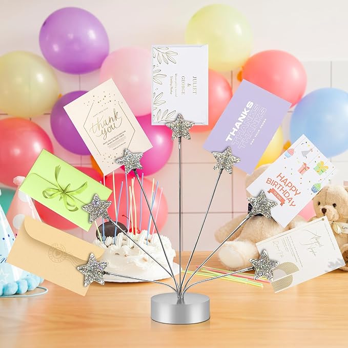 FaitAtten 7-Branch Family Desktop Photo Tree Holder Clip Round Base, Card Picture and Memo Desk Frame Display Stand for Wedding Party Christmas Photo Clip Holder Table Numbers (Stars)