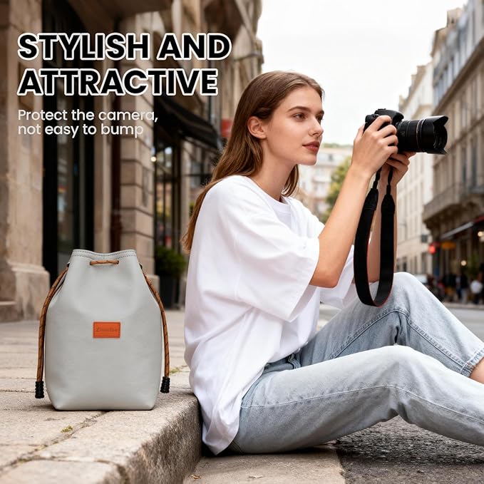 Professional Camera Storage Bag, Light Gray, pu, Drawstring Closure, Shoulder Strap, Padded Interior with Divider, Suitable for cameras of multiple brands