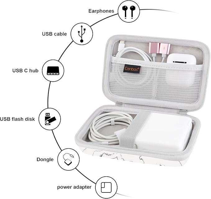 Canboc Carrying Case for MacBook Air Pro Charger MagSafe/MagSafe 2 Power Adapter, iPhone 16/16 Pro MagSafe Charger, USB C Hub, Type C Hub, USB Multiport Adapter, Hard EVA Bag, White