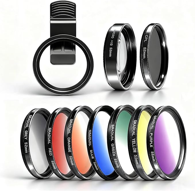 10 in 1 Cell Phone Camera Lens Attachments, 52mm Clip On CPL Polarized Phone Camera Lens Filter with 10 x Macro Lens, 7 Color Lens Filters and Polarized Lens for iPhone and Other Phones