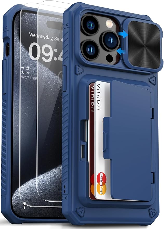 Vihibii for iPhone 15 Pro Max Case with Card Holder (4 Cards), Built-in 2X Tempered Glass Screen Protector & Slide Camera Cover & Kickstand, Military Grade Drop Protection, Rugged Wallet Case, Blue