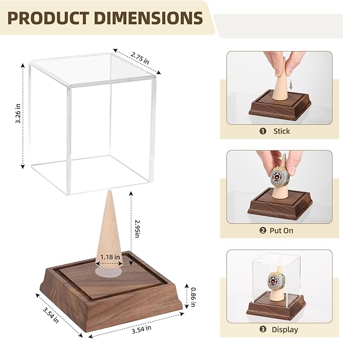Championship Ring Display Case Baseball Softball Football Ring Holder Wanult Wood Base Acrylic Sports Ring Display Case Stand for Men Wooden Ring Box for Women Memorabilia Showcase Cube Collectibles