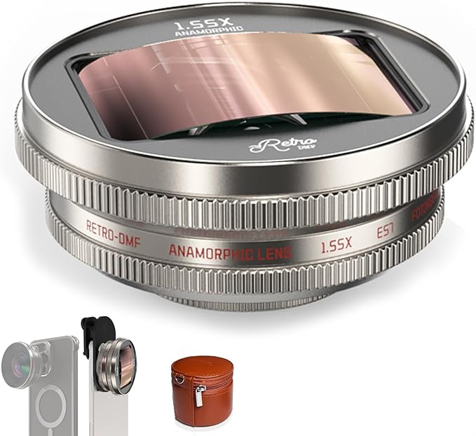 1.55x Anamorphic Lens Compatible with T Mount iPhone & Samsung - Cinematic Smartphone Lens with Ultra-Wide View, with APP Image Correction, Sci-Fi Blue Flare, and Enhanced Video Quality