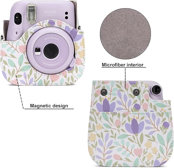 Frankmate PU Leather Camera Case Compatible with Fujifilm Instax Mini 11 12 Instant Camera with Adjustable Strap and Pocket (Flowers Green)