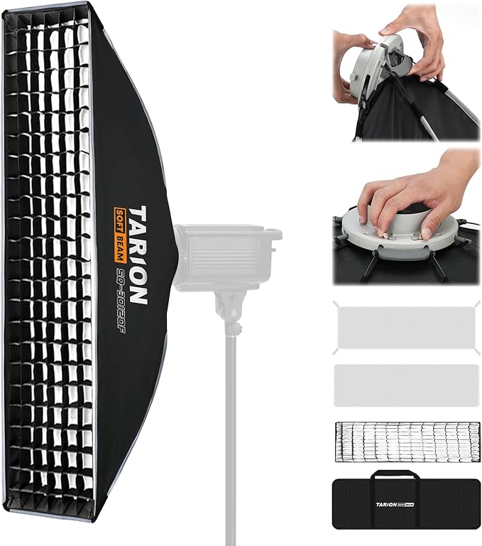 TARION 11.8"x47.2" Quick Release Strip Softbox - Foldable Bowens Mount Softbox with Diffusers/Honeycomb Grid/Carrying Bag for Live Streaming, Photography, Videography (SQ-30120F)