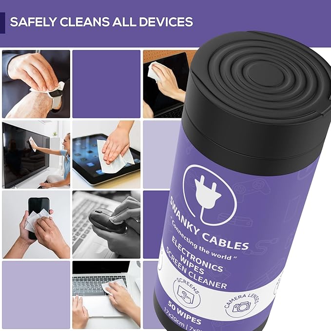 Swanky Cables Screen Cleaner Wipes: Electronic Wipes for Screens - Computer Screen Wipes for Lens, Phone, TV Screen and Monitor Cleaning - Tech Wipes & Microfiber Cloth (Canister, 600 Count)