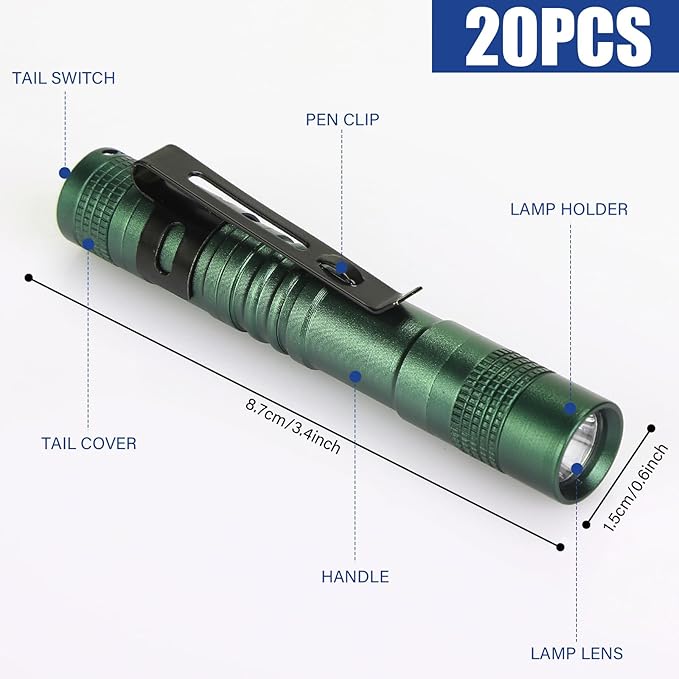 Hortsun 20 Pcs Mini Pen Light Flashlights Christmas Gifts for Men Pocket Flashlights Pen with Clip Small LED Handheld Slim Torches Without Battery(3.54 Inch,Green)
