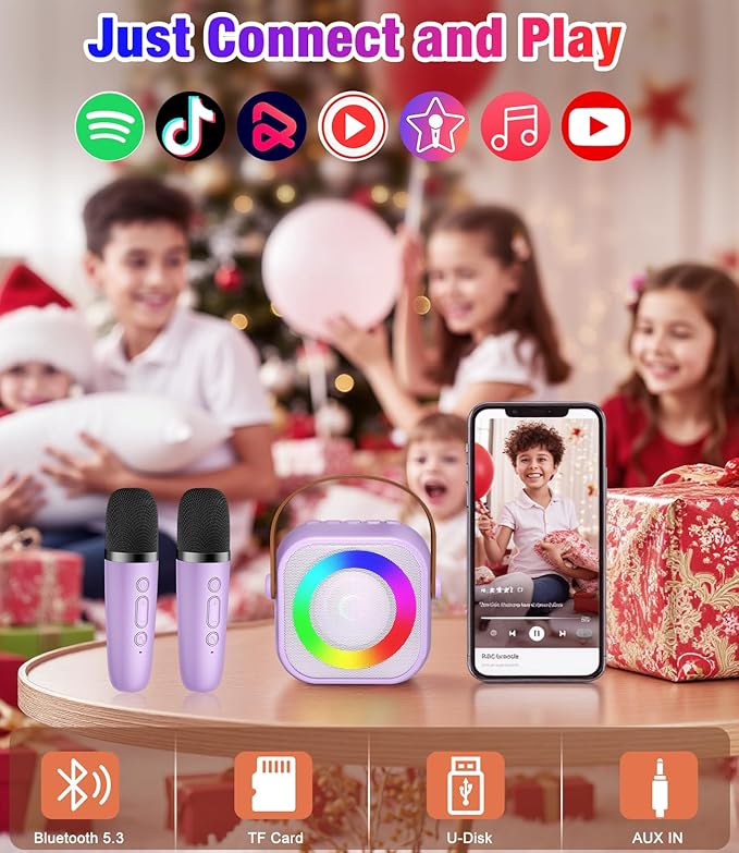 Mini Karaoke Machine, Portable Bluetooth Speaker with 2 Wireless Microphones for Kids & Adults, Karaoke Microphone with LED Lights, Gifts for Girls & Boys_Purple