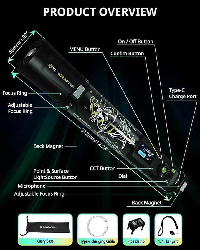 TL30 RGB Light Tube, RGBWW 360° Adjustable Magnetic Video Lighting Wand Stick with Smart APP Control, 2700K-10000K CRI96+ TLCI99+, 21 Scenes, Focus-Adjustable Spotlight, 5000mAh Battery