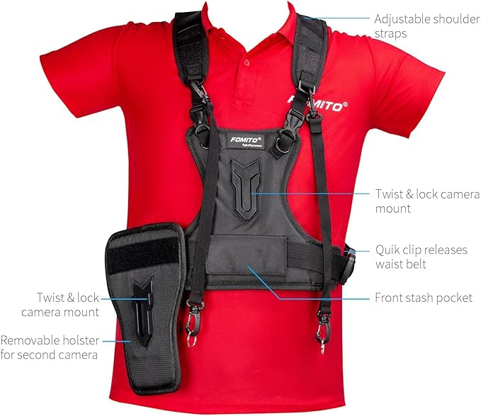 FOMITO Multi Camera Carrying Chest Harness System Vest with Side Holster for Canon for Nikon for Panasonic for Olympus for Sony A7R A7S A7II A7RII A58 A99 A6000 A6300 DSLR