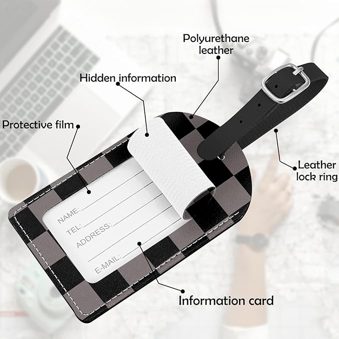 2 Pack Luggage Tag Suitcase Tags PU Leather Identifiers Privacy Cover Luggage Tags Aesthetic Cute Travel Bag Labels for Women Girls Men-Black Gray Checkered