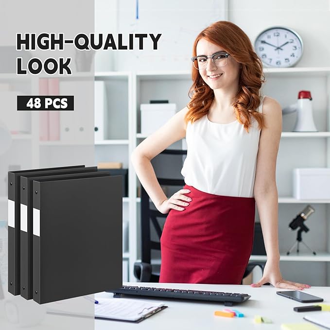 Henoyso 48 Pcs 3 Ring Binder 1/2'' Round Fits Letter Size 8.5'' x 11'' Paper Plastic Flexible Binder Holds 140 Sheets with 1 Pockets Versatile Organizer for Home Office School (Black)