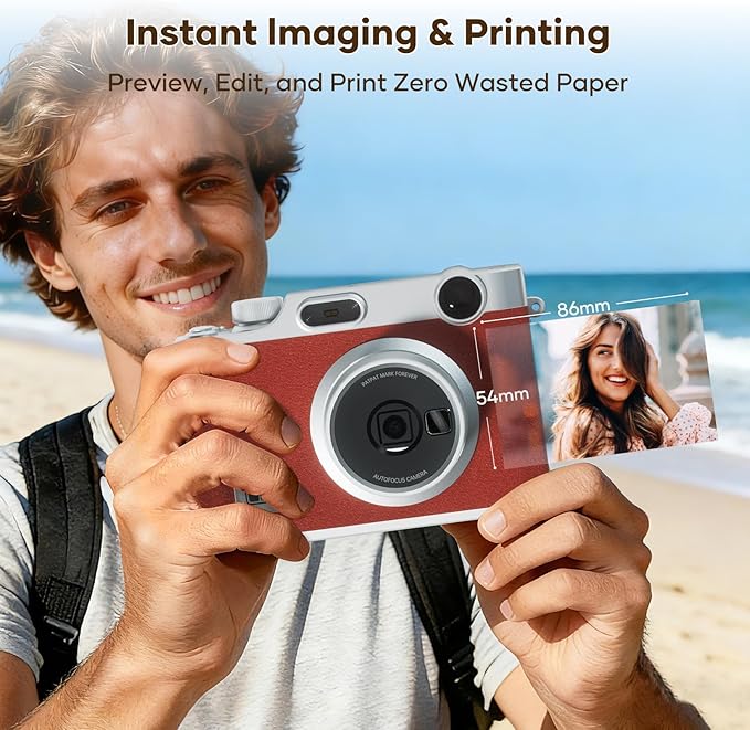 iDPRT Hanin Instant Film Camera, Instant Print Camera, Instant Digital Camera Wireless Bluetooth Photo Printer (2x3 inches) 10 Sheets, Brown