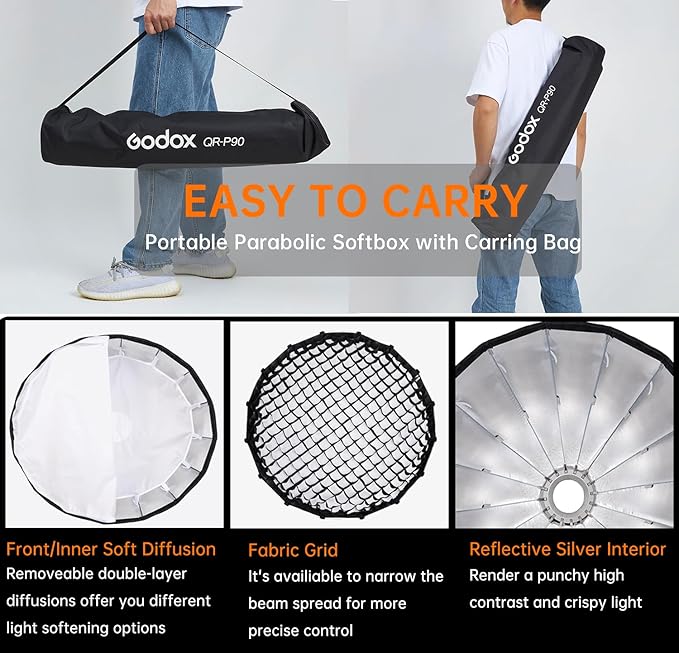 Godox Parabolic Softbox Quick Release,QR-P70 27.5”/70cm Portable Bowens Mount Sof tbox with Honeycomb Grid,Carry Bag,Front/Inner Diffuser for Professional Photography Studio Portrait Video Shooting