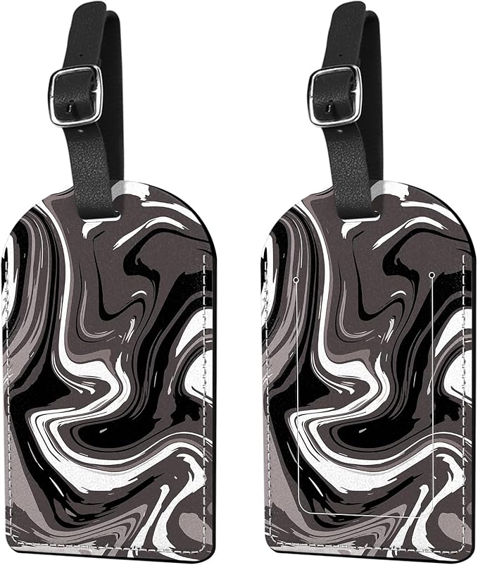 2 Pack Luggage Tag Suitcase Tags PU Leather Identifiers Privacy Cover Luggage Tags Aesthetic Cute Travel Bag Labels for Women Girls Men-Black Fluid