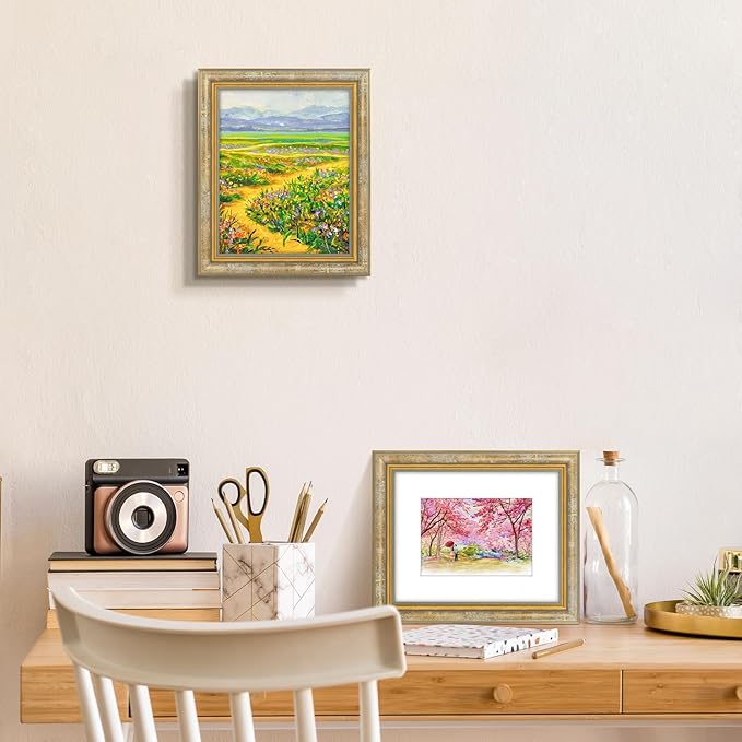 Golden State Art,8x10 Ornate Picture Frame for 5x7 Photo with Mat or 8 x 10 Prints without Mat, Real Glass Wall & Tabletop Display Horizontally or Vertically (Color:Vintage Gold)