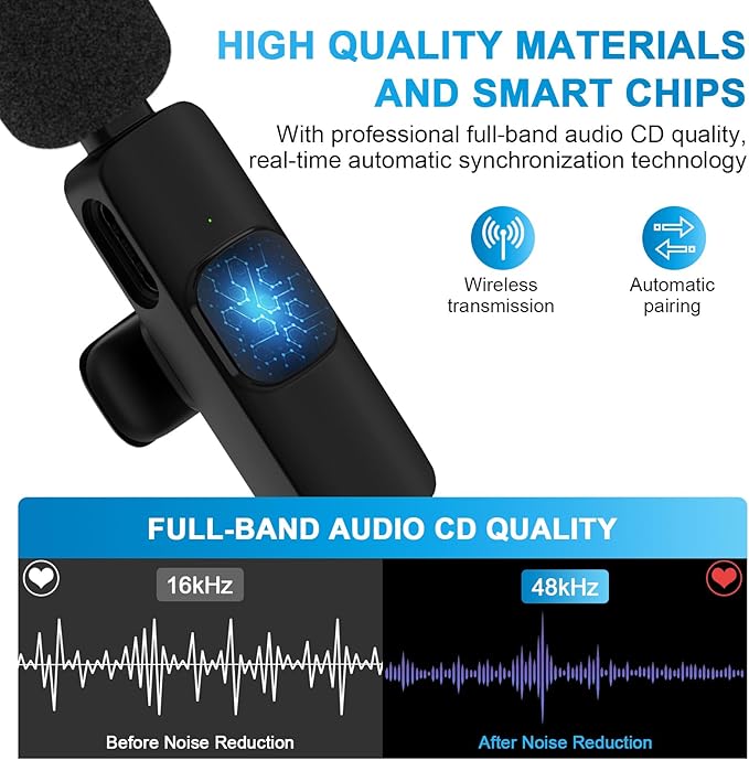 USB C Wireless Lavalier Microphone for iPhone 17 16 Pro Max 16e 15,Samsung Galaxy S25 A16 S24 Ultra,Noise Reduction Mini Lapel Mic Clip on,Lav Mic on Video Recording,Tiktok,Youtube,Vlog,Live Streaming