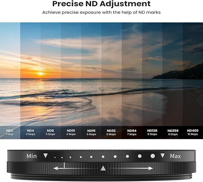 67mm Variable ND2-400 Filter for Phone/DSLR, HD Adjustable Neutral Density Filter with Universal Clip,Adapter Ring, Lens Attachment for iPhone 16 15 14 13 12 Samsung Pixel and Other Smartphones/Camera