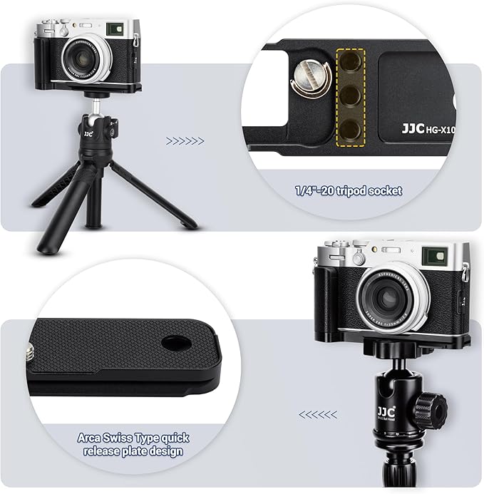X100VI Metal Hand Grip, Secure Handle L Bracket for Fuji Fujifilm X100VI Camera,Anti-Slip Pads Design, Arca Swiss Quick Release Plate, Extra 1/4"-20 Tripod Hole & Hand Strap Hole, Silver Color