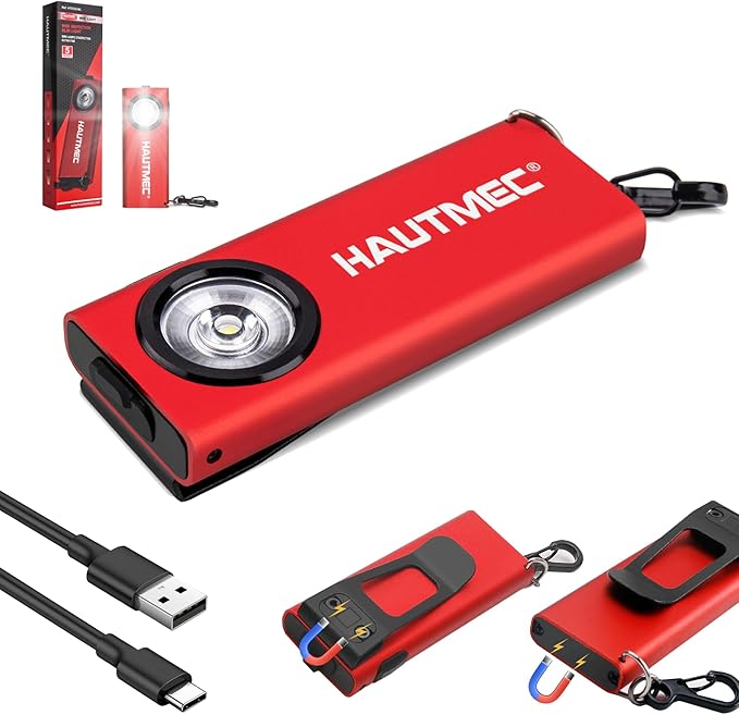 HAUTMEC Mini Flat Flashlight Rechargeable EDC 400LM Pocket Magnetic Flashlight Base & Clip Type-C Charging Keychain Slim Led Flashlight for Outdoor, Car Repairing, Camping, Portable Work Light
