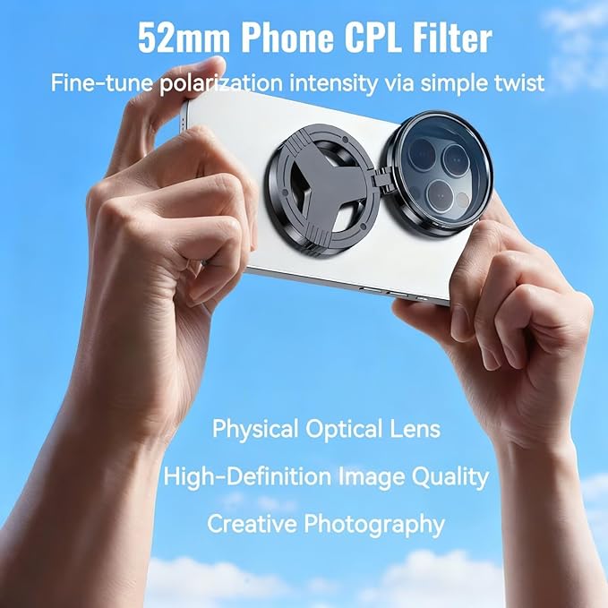 Anti Glare Magnetic Phone Filter, 52mm Polarizing Lens Quick Mount, Reduces Reflections Enhances Colors with Foldable Stand, Rotatable Polarizer Filter Compatible for Video Recording (2pcs)