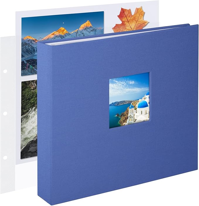 1DOT2 10x10 Inch 3 Ring DIY Scrapbook Photo Album Journal with 30 Plastic Sleeves 60 Pages and Fabric Cover for Baby Travel Wedding Couple Anniversary Kids Adventure (Blue Cover/White Pages)