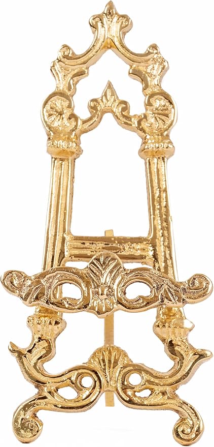 Brass Easel Display Stand – Ornate Victorian Gold Finish, 6″H x 2.5″W | Vintage Tabletop Frame & Plate Holder
