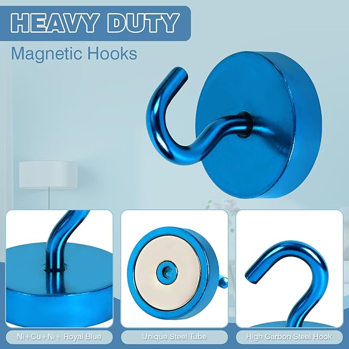Neosmuk Magnetic Hooks, Cruise Ship Essentials, 80lb+ Heavy Duty Magnetic Hooks for Cruise Cabins, Refrigerator, Grill, Hanging, and Travel | Extra Strong Must-Haves Magnet Hook,RoyalBlue, 5 Pack