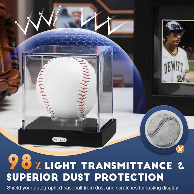 JupDec Baseball Display Case for Single Autograph Ball, Clear Acrylic Cube Baseball Holder with Velvet Interior, UV Protected Stand Box with Durable Base, Ideal Gift for Sports Fans, Silvery, 1 Pack