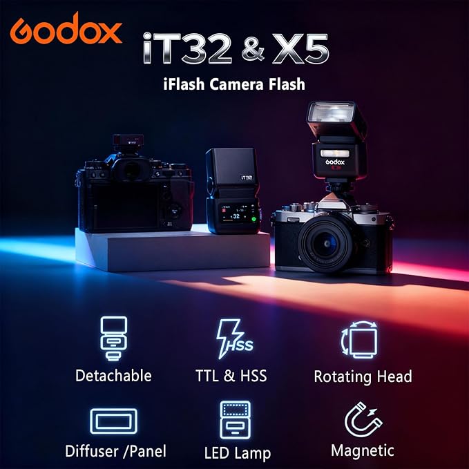 Godox IT32 TTL Camera Flash with X5F Flash Trigger for Fujifilm Cameras, Magnetic Hotshoe & Trigger 2-in-1,Colorful Touch Screen,Rotatable Flash Head,TTL&HSS,LED Modeling Light,Creative Accessories