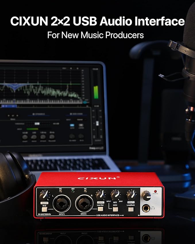 2x2 USB-C Audio Interface for PC/Mac Recording, 24-bit/192kHz, Dual TS/XLR Inputs, +48V Phantom Power, Studio/Podcast/Streaming(Matte Red)