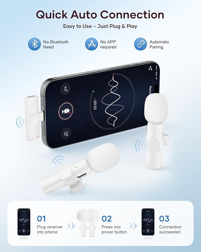 Wireless Microphone for iPhone iPad and Android Phone, 2 Pack Wireless Lavalier Lapel Mic with Noise Reduction, Plug and Play Mini Microphone for Video Recording Interview YouTube TikTok Vlog (White)