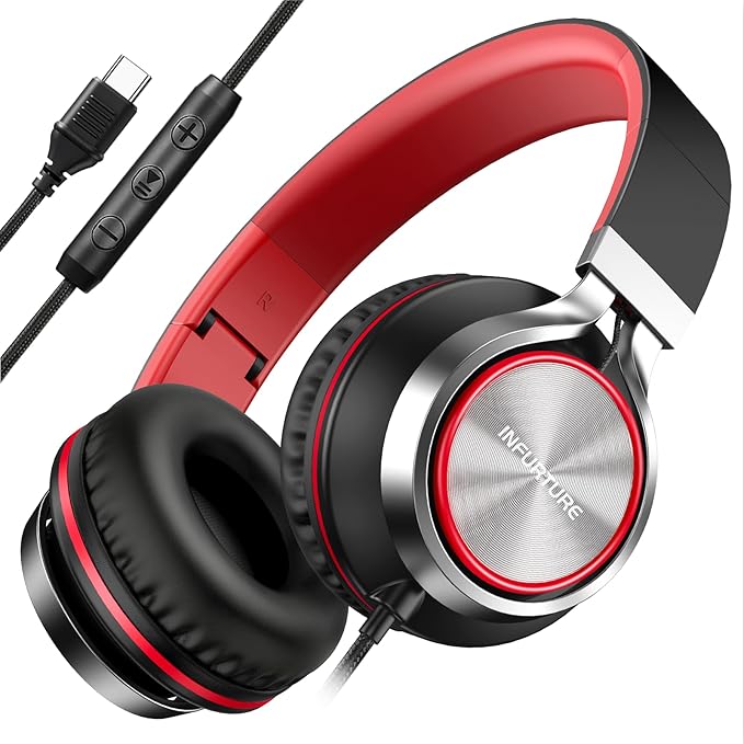 INFURTURE USB C Headphones with Mic,Volume Control,Tangle-Free Plaiting Line,Type C Headphones Wired,Lightweight Foldable for iPhone 15/16 Headphone Series/Tablet/School/Travel/Sports/Audiobooks