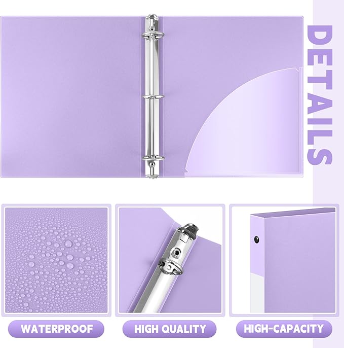 Henoyso 48 Pcs 3 Ring Binder 1/2'' Round Fits Letter Size 8.5'' x 11'' Paper Plastic Flexible Binder Holds 140 Sheets with 1 Pockets Versatile Organizer for Home Office School (Light Purple)