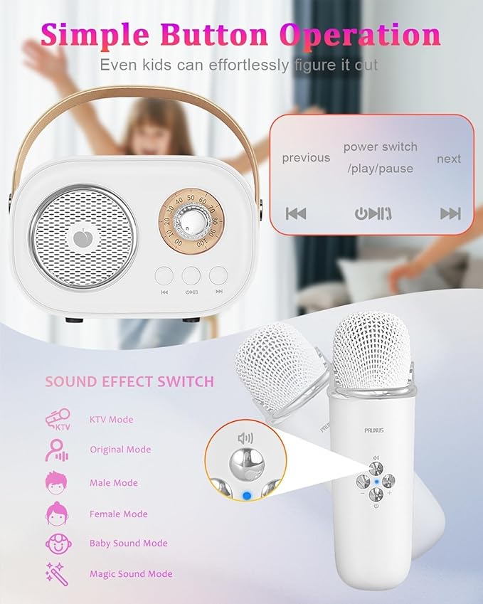 PRUNUS C20 Mini Karaoke Machine,Valentines Day Gifts for Her Him Kids Mens,Portable Bluetooth Speaker with 2 Wireless Microphone for Boys Girls 3-12+ Years Old Birthday Party White