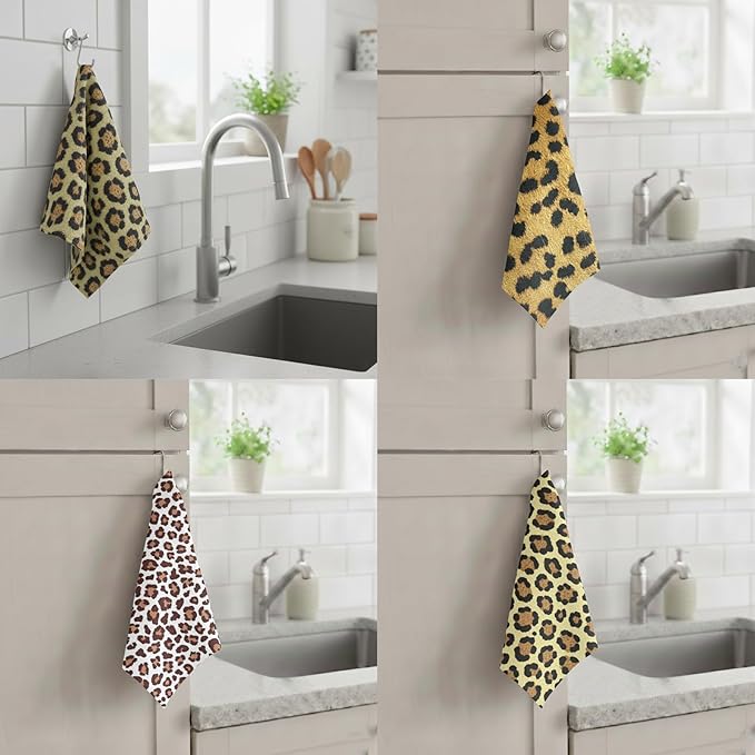 8-Pack Ultra-Fine Microfiber Kitchen Towels, 7-Inch Square with 8 Clips & Multiple Patterns – Soft, Absorbent, Reusable Cleaning Cloths (Leopard Print)