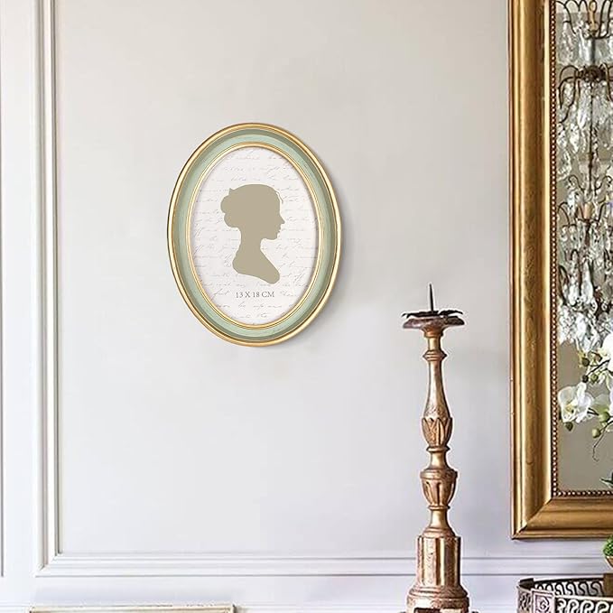 AELS 5x7 Inch Vintage Picture Frame, Elegant Antique Photo Frames with Glass Front, Photo Display, Tabletop Wall Hanging, Gift Ideas, Oval Sage Green with Gold Trim
