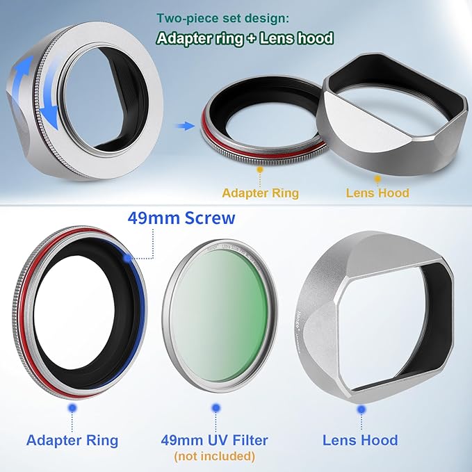 Haoge Squaret Metal Lens Hood for Fujifilm XF23mm F2.8 on XE5 Cemera Body kit Fujinon XF27mmF2.8 R WR Lense 39mm Screw-in Hood Silver,with Metal Cap