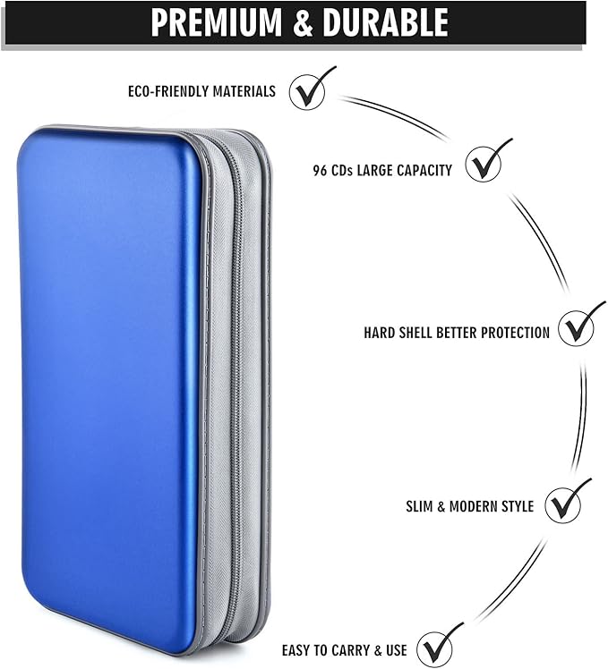 DVD Case, Bivisen CD Case Holder Wallet Binder 96 Capacity CD/DVD Cases Storage Holder Binder Organizer Wallet Book for Car Home Travel (Blue)