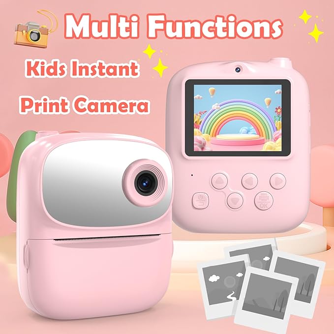 Kids Camera Instant Print for Kids with Mirror, HD Dual-Lens Selfie Digital Camera with 3 Rolls Print Paper & 32GB Card, Holiday Birthday Gifts Toys for Girls Boys Toddler.(Pink)