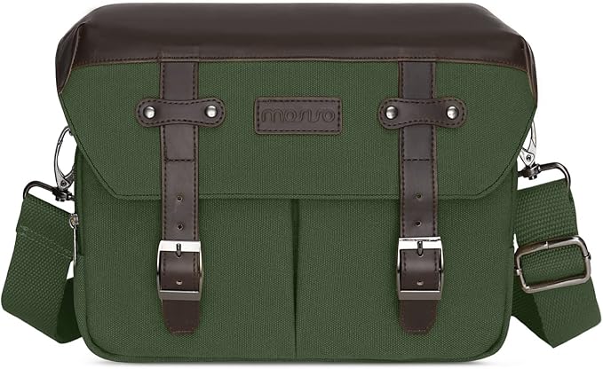 MOSISO Camera Case Crossbody Shoulder Messenger Bag, DSLR/SLR/Mirrorless Photography Vintage PU Leather Flap Gadget Bag with Rain Cover Compatible with Canon/Nikon/Sony Camera and Lens, Army Green