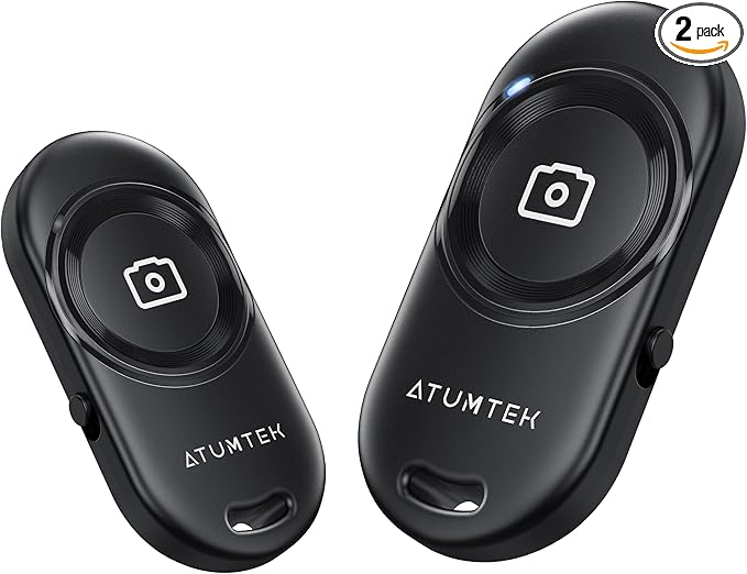 ATUMTEK Camera Remote Shutter for iPhone and Android Smartphones (2 Pack), Wireless Phone Remote Control Selfie Button for Photos and Videos (Bluetooth 5.2), Wrist Strap Included, Black Stylish