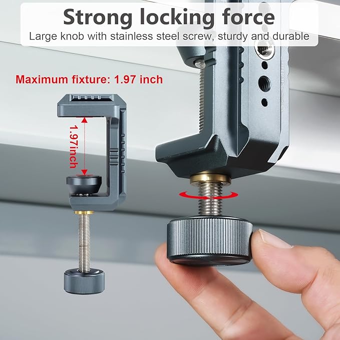 Heavy-Duty Super Clamp for Magic Arm，Aluminum alloy material，1/4"& 3/8"Threads and NATO Rail，Load Capacity: Up to 50 kg / 110 lbs， Desktop or Round Tube Mounting for Tripods and Magic Arms