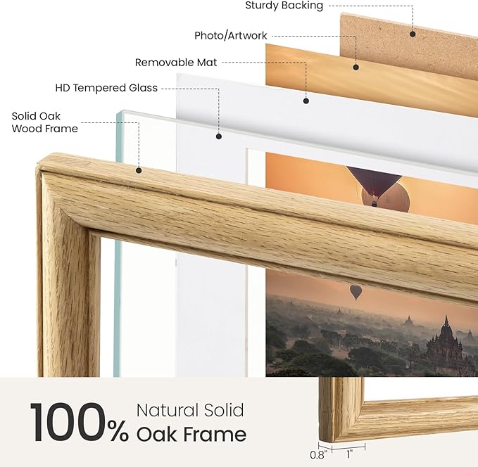 Vivelove 5x7 Picture Frame, Solid Oak Wood 5x7 Frame Display 4x6 with Mat or 5 x 7 Without Mat, 5 by 7 Photo Frame for Wall & Tabletop Display, Natural Oak Color, 1 Pack