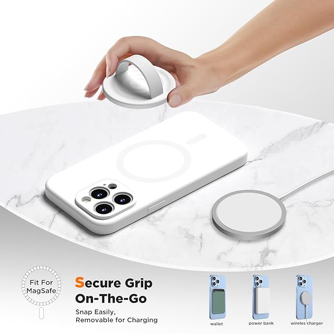 Upgraded Magnetic Phone Grip, Liquid Silicone Soft and Portable, Removable Finger Loop Ring Grip Holder for iPhone, Strong Magnetic Attraction, Compatible with MagSafe Phone Case, White