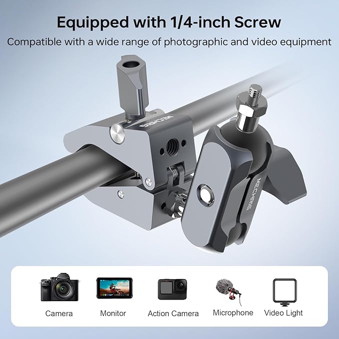 Super Clamp Camera Mount, Aluminum Double Ball Head Magic Arm for Insta360 X5 GoPro DJI OSMO 360 DSLR Monitor, 360° Handlebar Pole Desk Mount, 13lb Load QX010