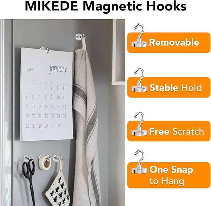 MIKEDE Magnetic Hooks Heavy Duty,120LB+ Strong Magnet with Hook, Super Neodymium Cruise Hooks, Locker Organizer Industrial Hooks for Hanging, Magnetic Hanger for Cruise, Grill - 8 Pack
