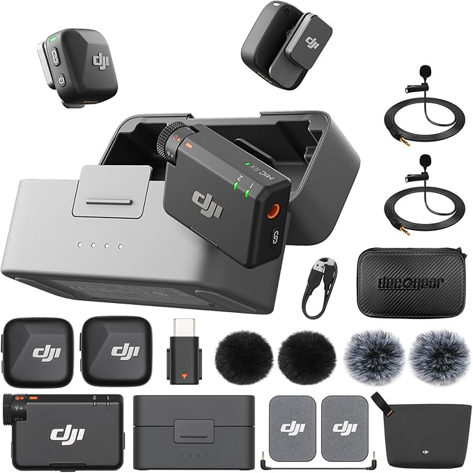 DJI Mic Mini (2 TX + 1 RX + Charging Case) Wireless Lavalier Microphone, Ultralight, Noise Cancelling, Up to 48-Hour Battery Life Bundle with 2 x Deco Gear Lapel Microphone and 5" EVA Case
