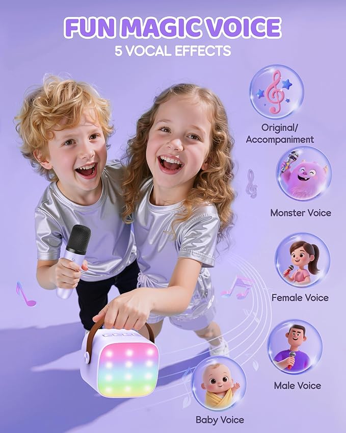 Upgraded Mini Karaoke Machine with 4 Wireless Microphones Toy for Kids, Birthday Gifts for Girls Boys, Portable MP3 Player for Ages 3, 4, 5, 6, 7, 8, 9, 10, 11, 12+ Year Old Party (Purple)