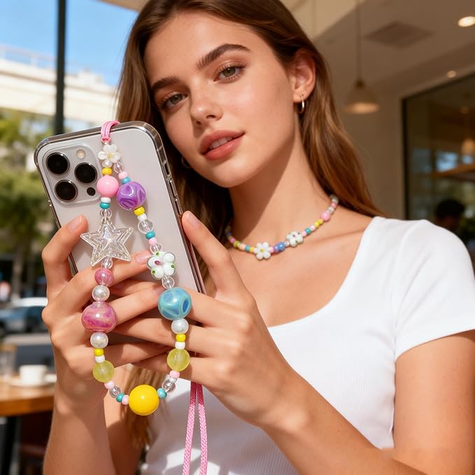 2 Pcs Phone Charm Strap Hand for iPhone Wrist Strap Camera Lanyard Pearl Beaded Cute Chain String Accessories Universal for iPhone 17 16 Pro 15 Samsung Women Girls Keychain Colored Beads and Shells